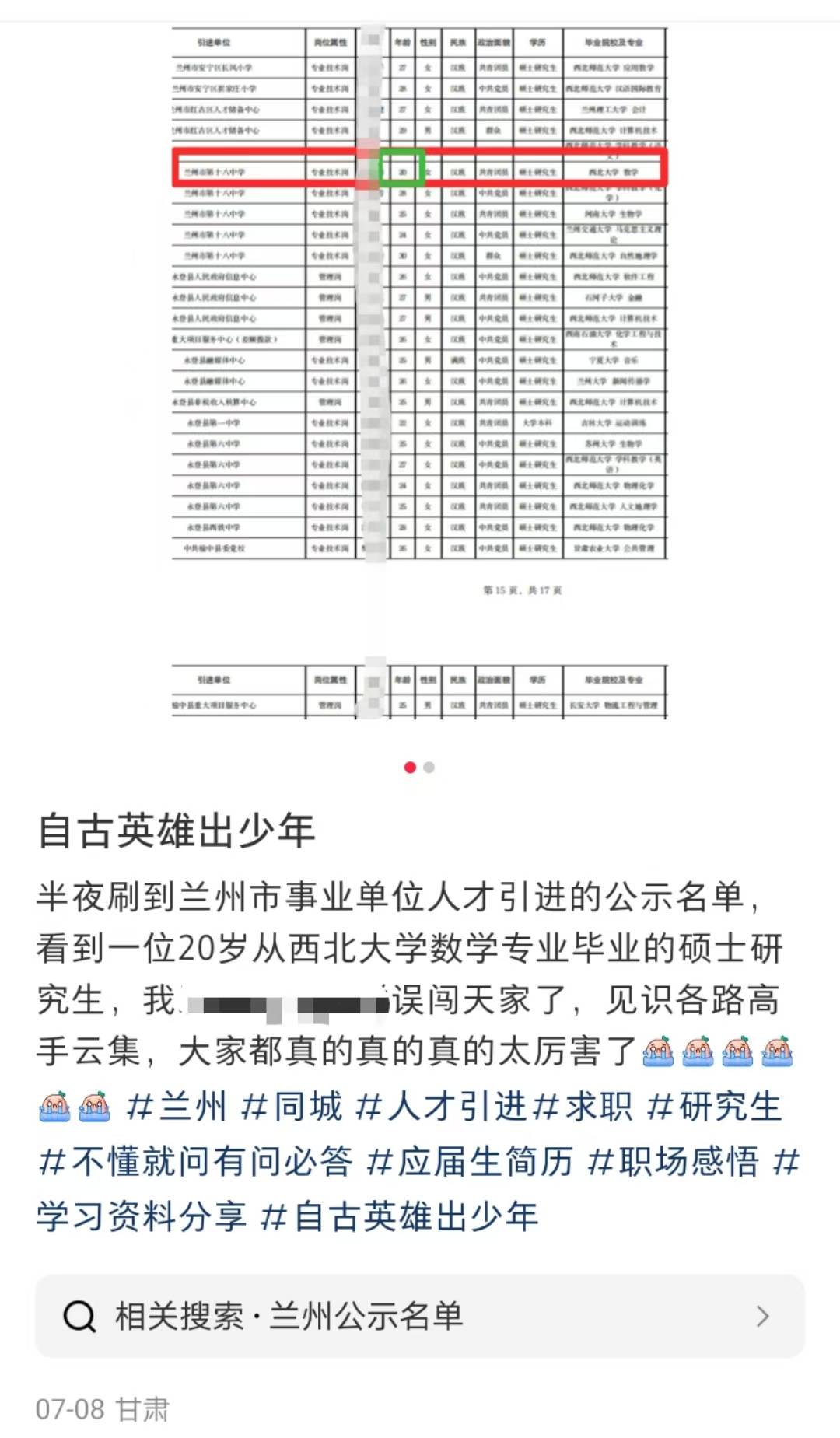 兰州人才引进20岁女硕士，网友称赞“好厉害”，人社局：身份证20岁，实际24岁
